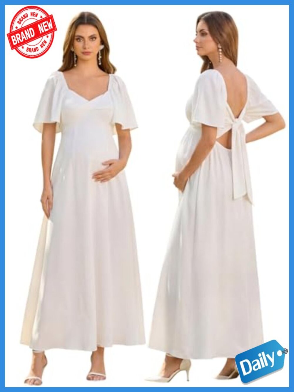 Flowy Maternity Maxi Dress with Pockets, V-Neck, Adjustable Bow | Baby Shower